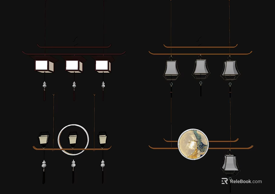 Various Stylish Chandeliers Featuring Square Round Shades Wooden Frames And Decorative Details 3d model 