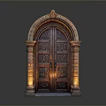 Antique Carved Wooden Arch Door With Intricate Patterns And Warm Ambient Lighting