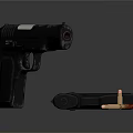 Black Worn Pistol With Magazine And Bullets On Dark Surface 3d model