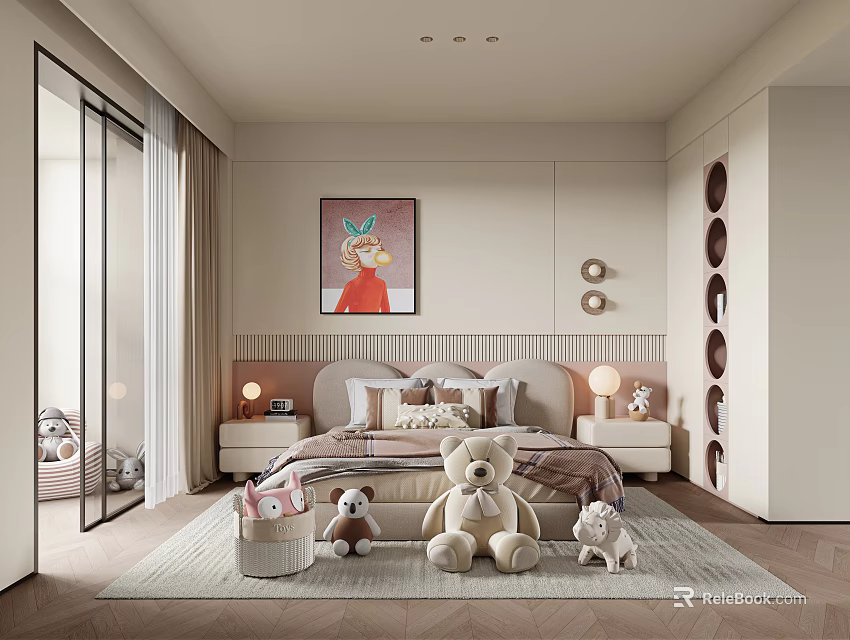 Cozy Kids Room Interior With Stuffed Toys Bed Decorative Painting And Storage Cabinets 3d model 