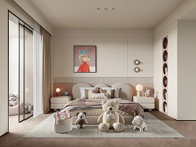 Cozy Kids Room Interior With Stuffed Toys Bed Decorative Painting And Storage Cabinets 3d model