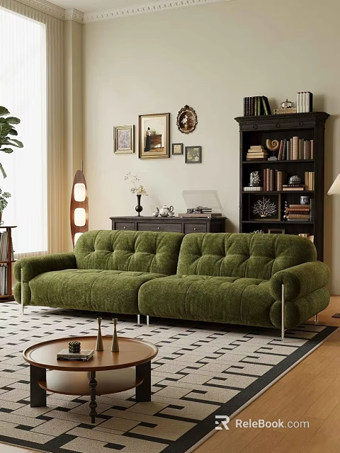 Green Tufted Velvet Leisure Sofa Set with Coffee Table Bookshelf and Wall Art 3d model 