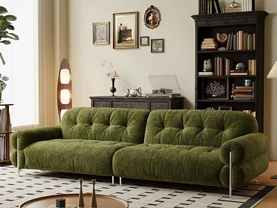 Green Tufted Velvet Leisure Sofa Set with Coffee Table Bookshelf and Wall Art 3d model
