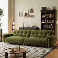 Green Tufted Velvet Leisure Sofa Set with Coffee Table Bookshelf and Wall Art
