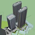 Modern High Rise Buildings With Glass Facades And Lower Base Structures