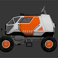 White And Orange Off Road Vehicle With Satellite Dish Spotlights And Large Wheels