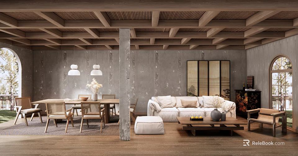 Dining and Living Room Interior With Wooden Ceiling Concrete Pillar Gray Walls And Sofa 3d model 