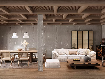 Dining and Living Room Interior With Wooden Ceiling Concrete Pillar Gray Walls And Sofa 3d model
