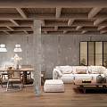 Dining and Living Room Interior With Wooden Ceiling Concrete Pillar Gray Walls And Sofa