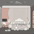 Cozy Modern Kids Room Interior With Plush Toys Bed Desk Bookshelf And Moon Lamp