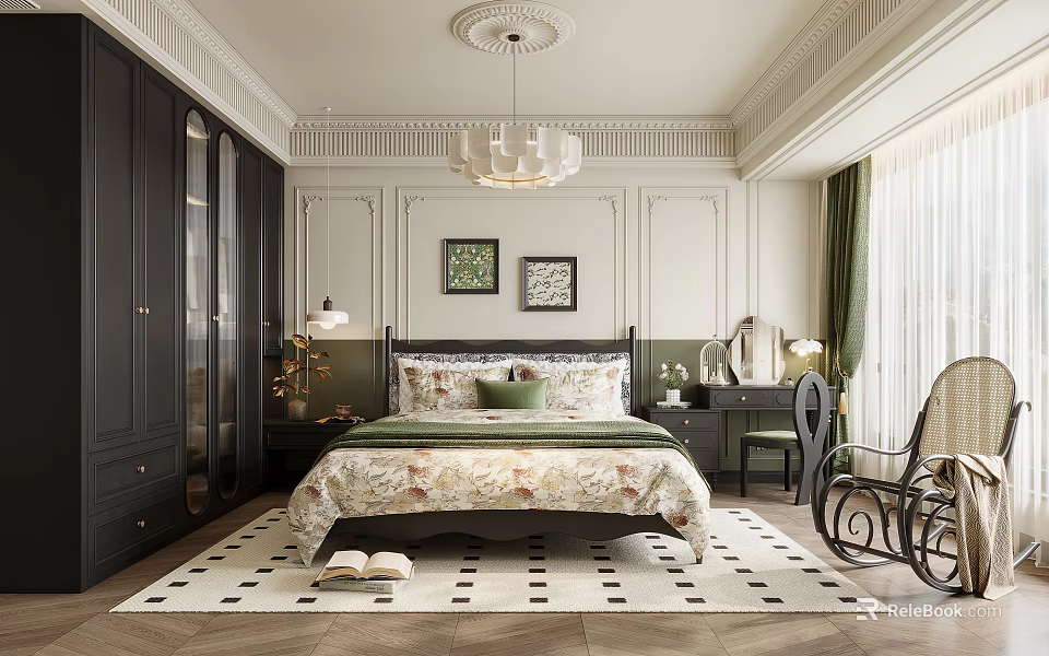 Elegant Bedroom Interior With Dark Wardrobes Floral Bedspread Black White Geometric Rug And Green Curtains 3d model 
