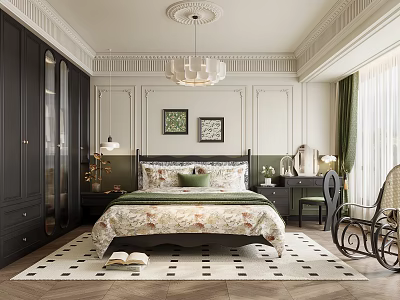 Elegant Bedroom Interior With Dark Wardrobes Floral Bedspread Black White Geometric Rug And Green Curtains 3d model