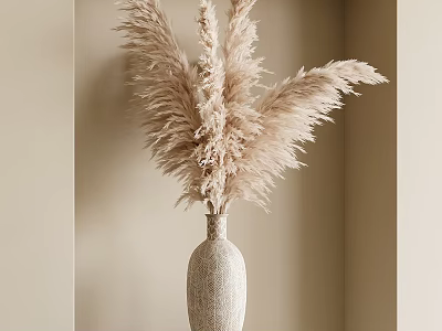 Textured Beige Vase With Fluffy Pampas Grass In Neutral Wall Corner 3d model