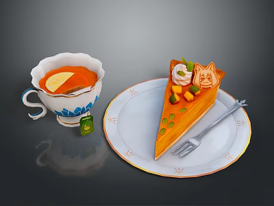 Blue And White Patterned Teacup With Decorative Cake Slice On Ornate Plate And Tea Bag 3d model