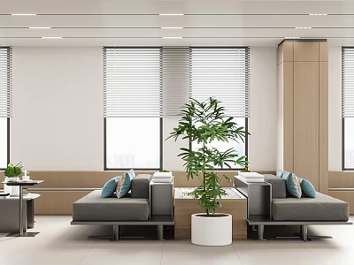 Modern Lounge Area Interior Design With Gray Sofas Blue Cushions And Large Plant 3d model