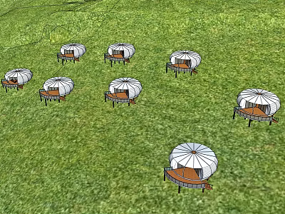 Multiple White Tent Style Guesthouse Buildings Scattered on Green Grassland With Wooden Platforms 3d model