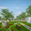 School Campus Outdoor Green Space With Trees Circular Structures Blue Installation And Seating Areas 3d model