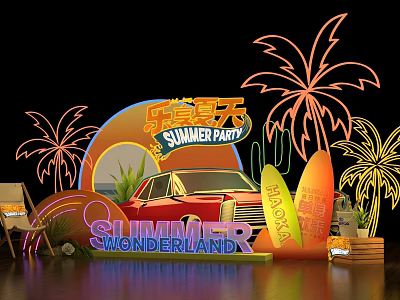 Vibrant Summer Photo Spot With Neon Palm Trees Retro Car Surfboards And Wonderland Decor 3d model