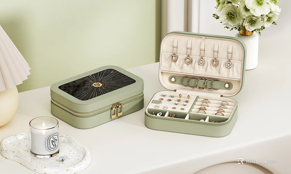 Elegant Light Green Jewelry Box With Rings Earrings And Organized Compartments 3d model 