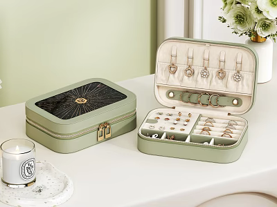 Elegant Light Green Jewelry Box With Rings Earrings And Organized Compartments 3d model