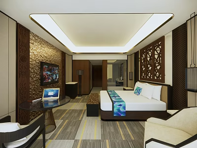 Modern Hotel Room Interior With King Bed Wall Mounted TV And Decorative Panels 3d model