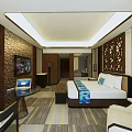 Modern Hotel Room Interior With King Bed Wall Mounted TV And Decorative Panels