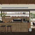 Modern Café Interior With Wooden Bar Counter High Stools And Green Plants