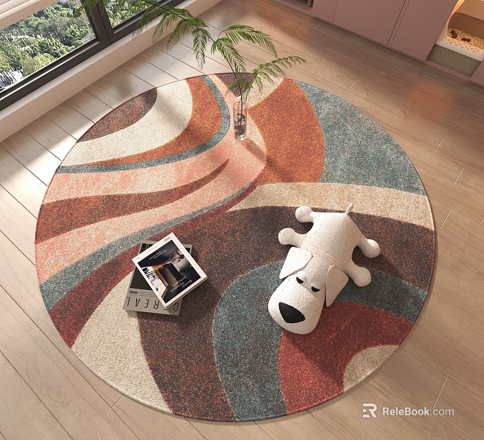 Colorful Abstract Pattern Round Area Rug on Wooden Floor with White Puppy Toy and Magazine 3d model 