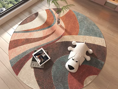 Colorful Abstract Pattern Round Area Rug on Wooden Floor with White Puppy Toy and Magazine 3d model