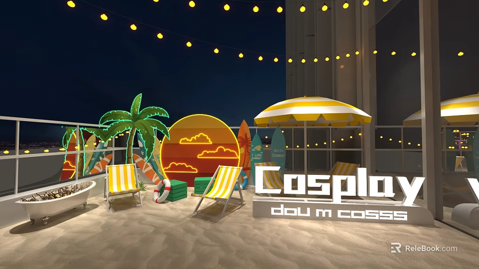 Villa Balcony at Night with String Lights Palm Tree Neon Sunset and Beach Chairs 3d model 