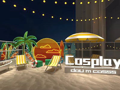 Villa Balcony at Night with String Lights Palm Tree Neon Sunset and Beach Chairs 3d model