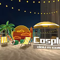 Villa Balcony at Night with String Lights Palm Tree Neon Sunset and Beach Chairs