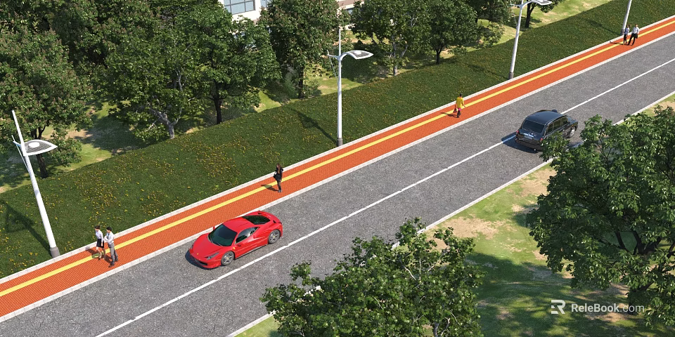 Road Facilities With Traffic Lanes Sidewalks Street Lamps And Green Belts 3d model 