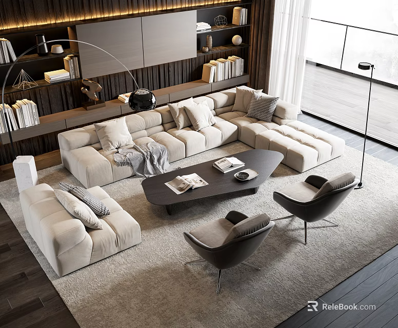 Modern Beige Sofa and Black Coffee Table Set with Rug and Floor to Ceiling Windows 3d model 