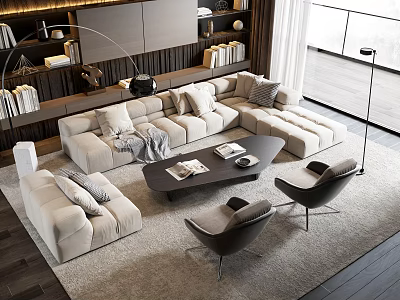 Modern Beige Sofa and Black Coffee Table Set with Rug and Floor to Ceiling Windows 3d model