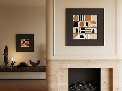 Abstract Paintings with Geometric Shapes in Modern Neutral Interior Above Stone Fireplace 3d model