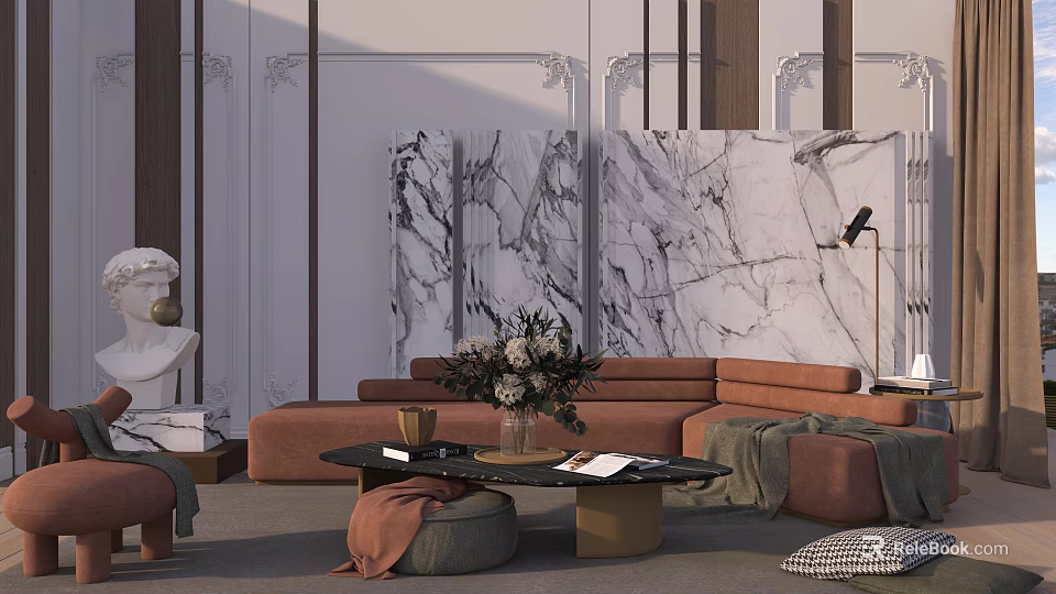 Stylish Orange Sofa and Coffee Table Set with Marble Wall Flower Vase and Books 3d model 