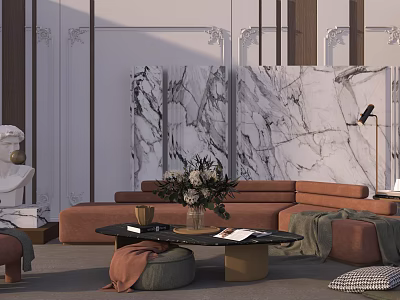 Stylish Orange Sofa and Coffee Table Set with Marble Wall Flower Vase and Books 3d model