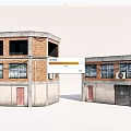 Two Old Brick Industrial Buildings With Multiple Windows Doors And Air Conditioner Unit