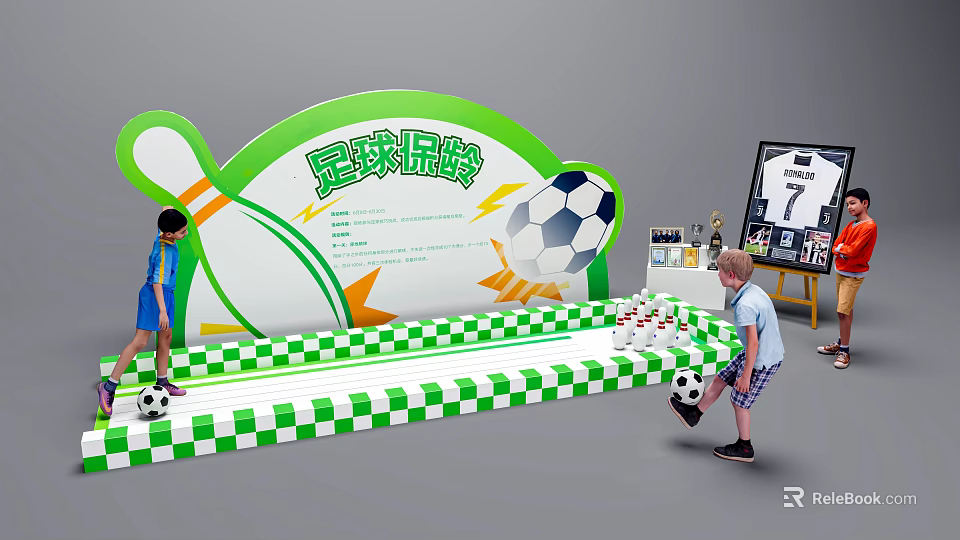 Interactive Area Kids Soccer Bowling Game with Green Decor and Pins 3d model