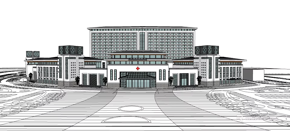 Modern Hospital Building Exterior With Red Cross Symbol And Main Entrance 3d model 
