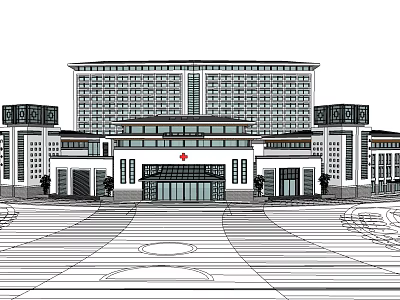 Modern Hospital Building Exterior With Red Cross Symbol And Main Entrance 3d model