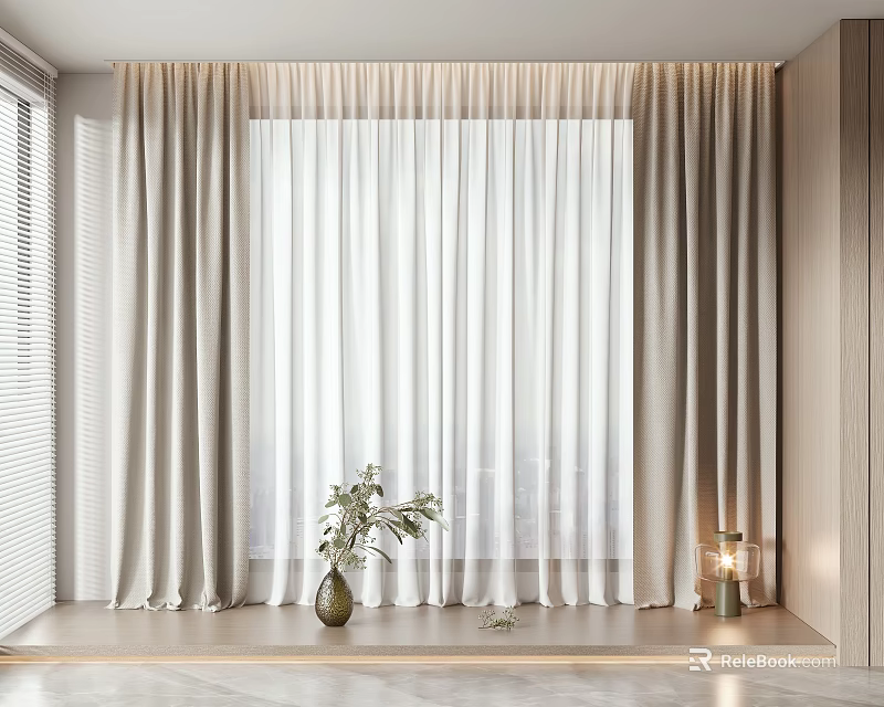 Modern Layered Window Curtains With Sheer Panels Vase Greenery And Lamp 3d model 