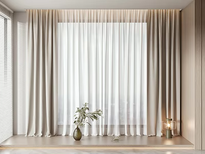Modern Layered Window Curtains With Sheer Panels Vase Greenery And Lamp 3d model