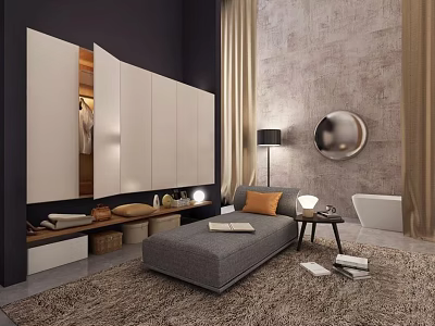 Modern Sliding Door Wardrobe in Bedroom Interior with Bed Rug Floor Lamp and Round Mirror 3d model