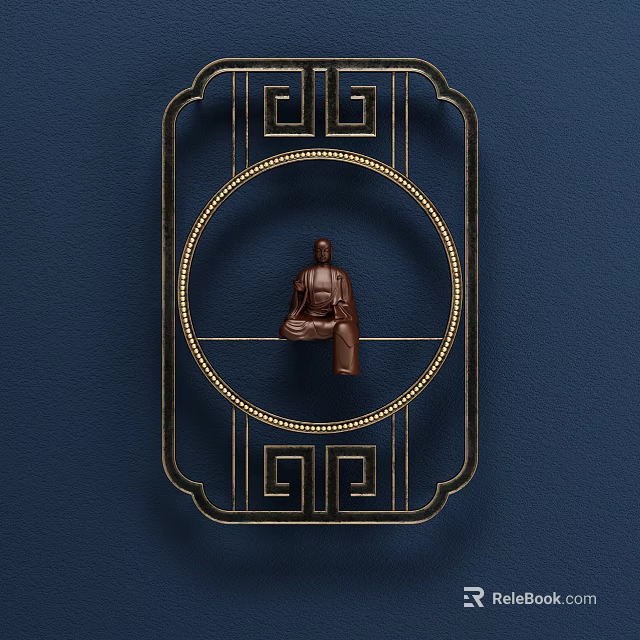 Chinese Style Wall Decor with Gold Border Square Frame Circular Inner and Brown Figurine 3d model 