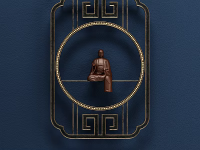 Chinese Style Wall Decor with Gold Border Square Frame Circular Inner and Brown Figurine 3d model