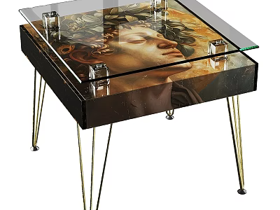 Artistic Dining Table With Glass Top Featuring Portrait Design And Metal Legs 3d model