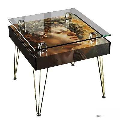 Artistic Dining Table With Glass Top Featuring Portrait Design And Metal Legs 3d model