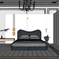 Modern Bedroom Interior With Blue Bed Black Chandelier Geometric Rug And Wooden Nightstand